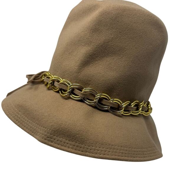 Vintage 1960s Miss Eileen Tan Wool Cloche Bucket Hat Gold Chain Trim main image 8